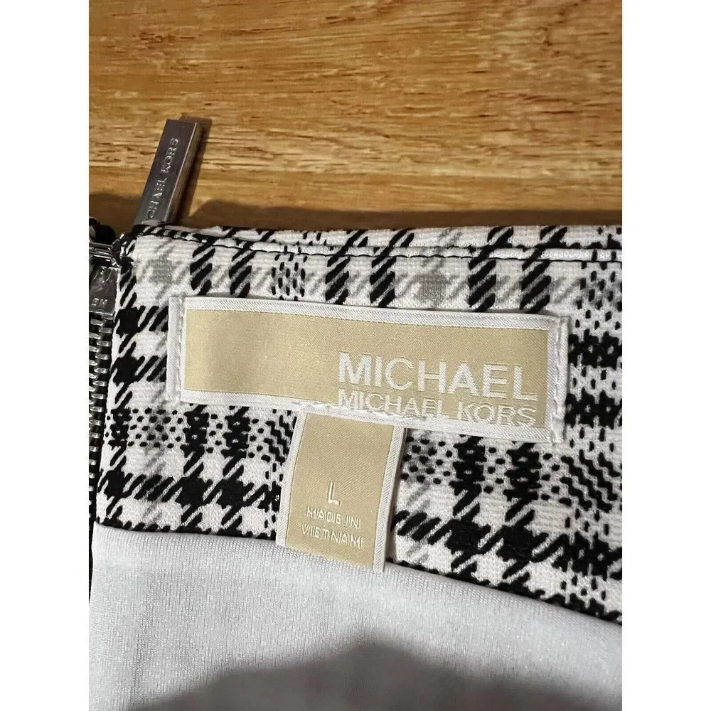 Michael Kors Lined A Line Skirt Size L Large Black White Plaid Rear Zip Business